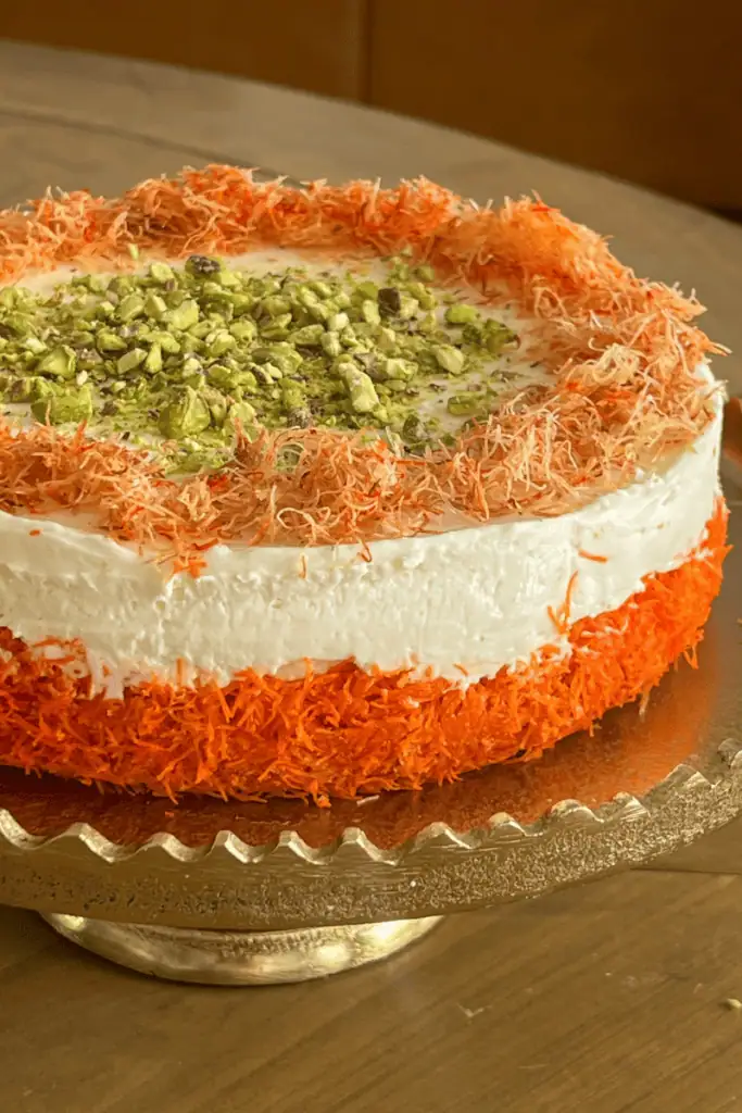 No bake Knafeh cheesecake on a gold cake stand