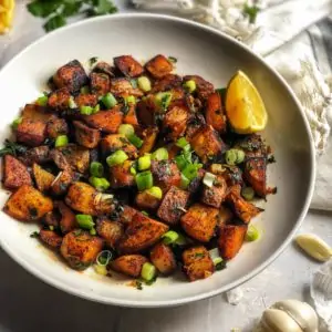A bowl of seasoned roasted potatoes, inspired by batata harra, garnished with chopped green onions. Lemon wedges complete the vibrant scene.