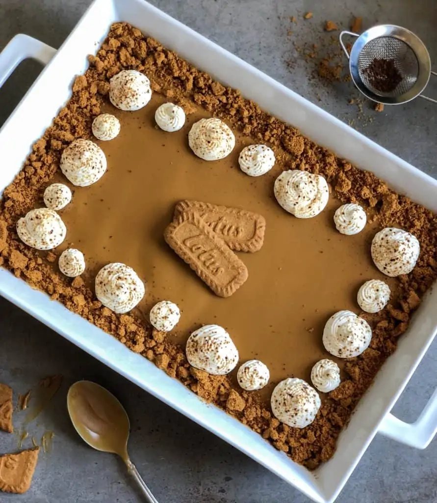 no back lotus cake in a baking tray with two lotus cookies and whipped cream on top