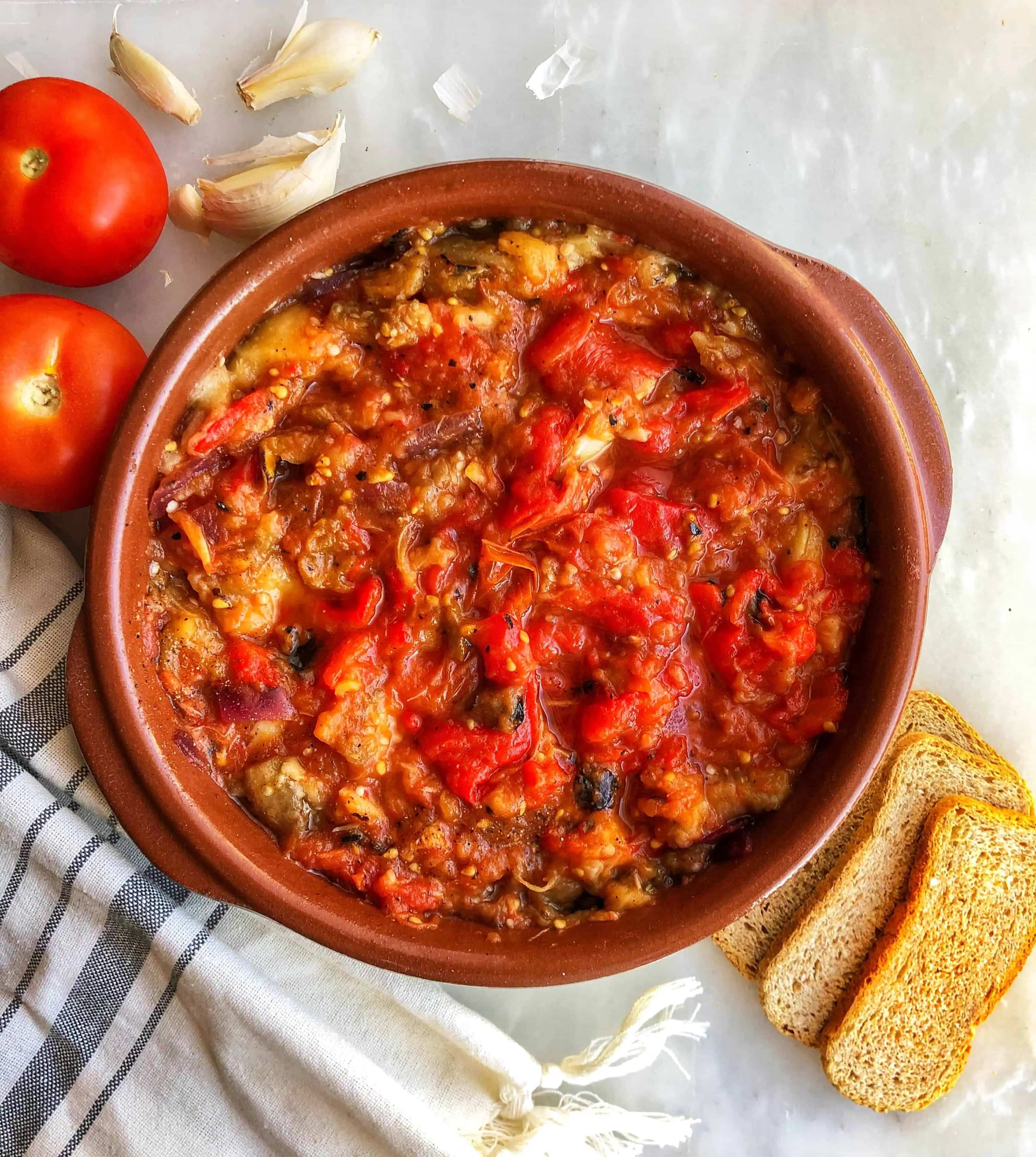 patlican soslu (eggplant & tomato dip) with a side of bread