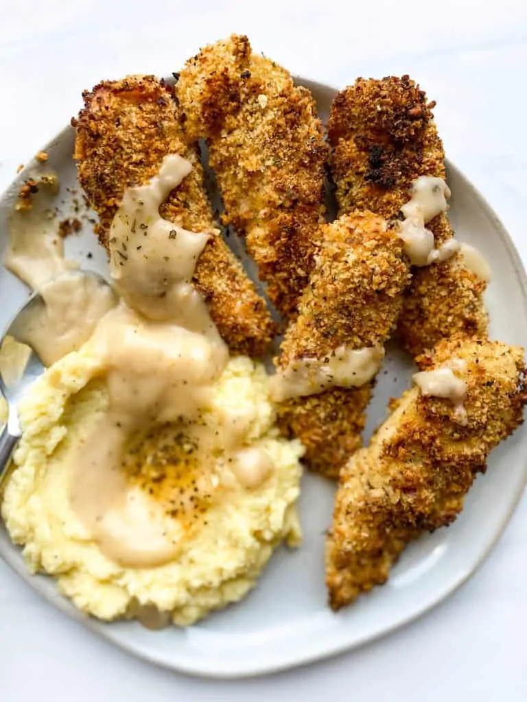 Air fried chicken tenders with cauliflower mash