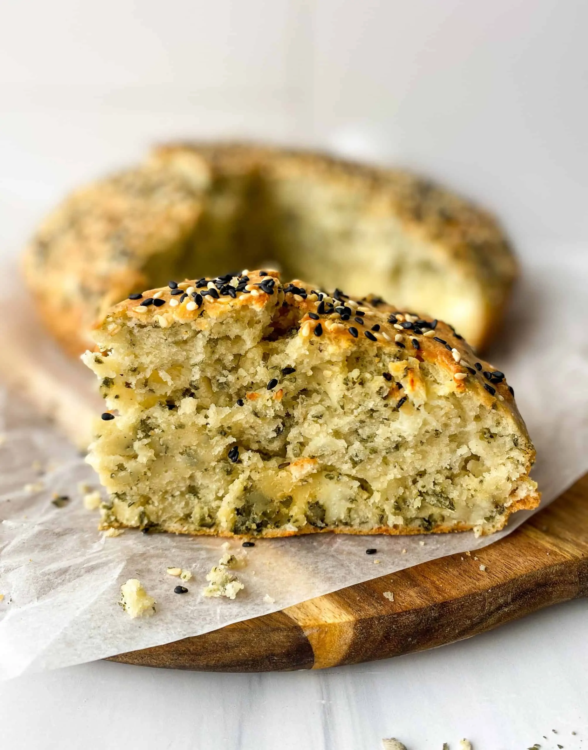 Side view of a slice of za'atar cake