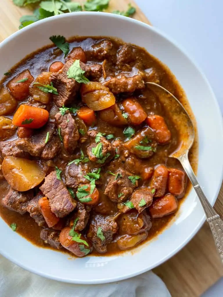 The Best Beef Stew close up with carrots and potatoes