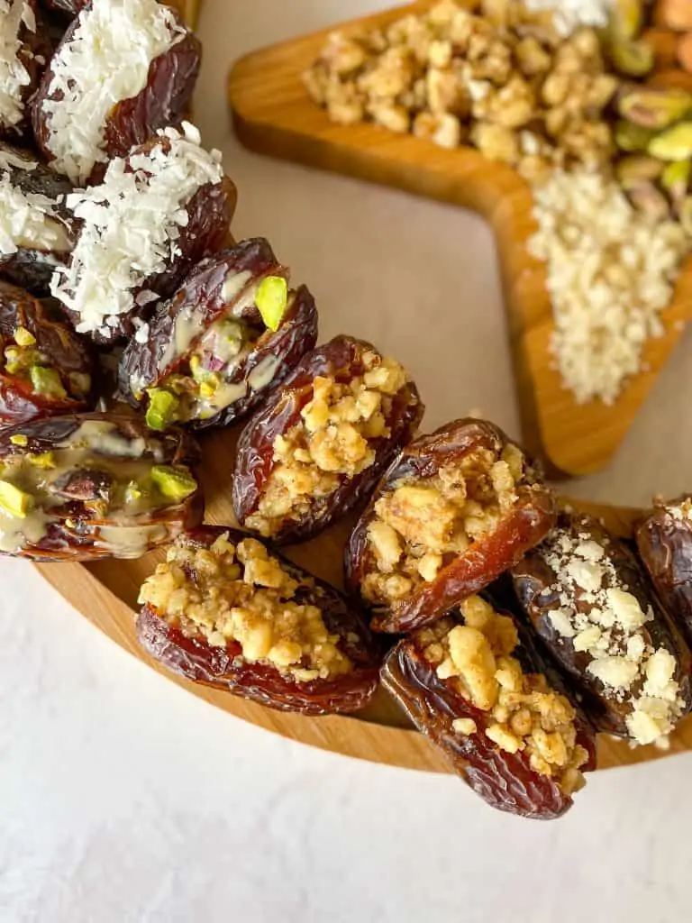 close up of date stuffed with nuts and coconut