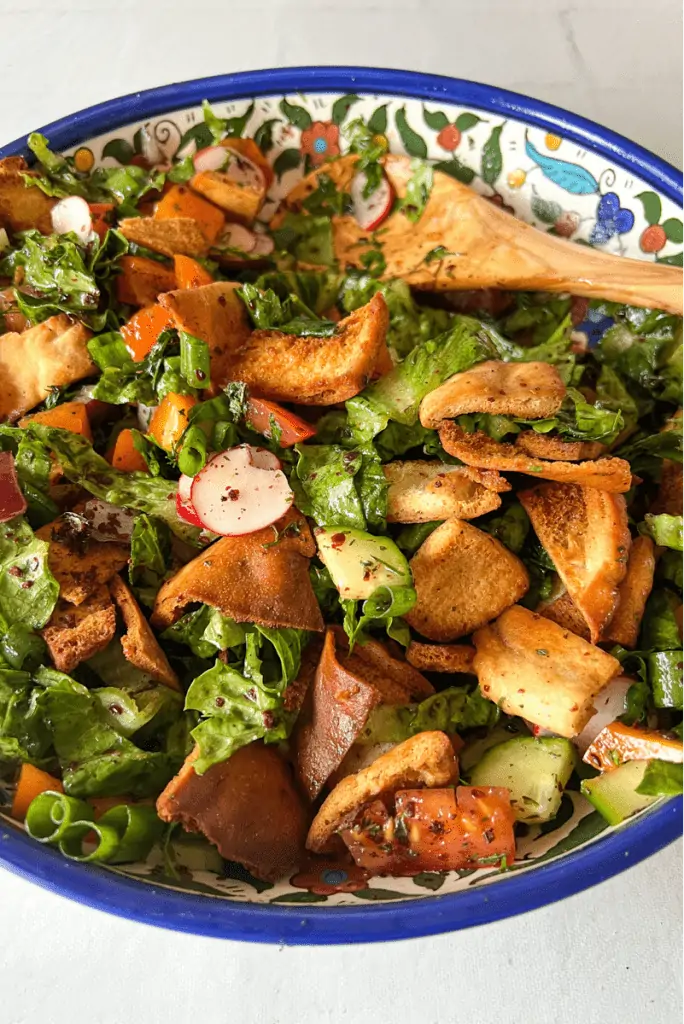 bowl of fattoush salad with pita chips