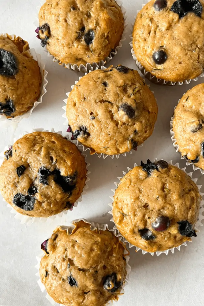top view of blueberry zucchini muffins showing the baked blueberries