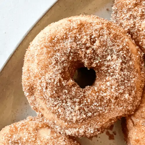 donut on a plate coated cinnamon sugar