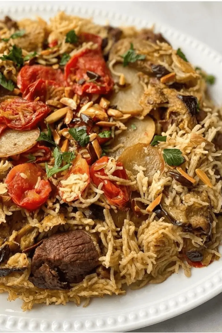 platter of rice topped with potatoes and tomatoes