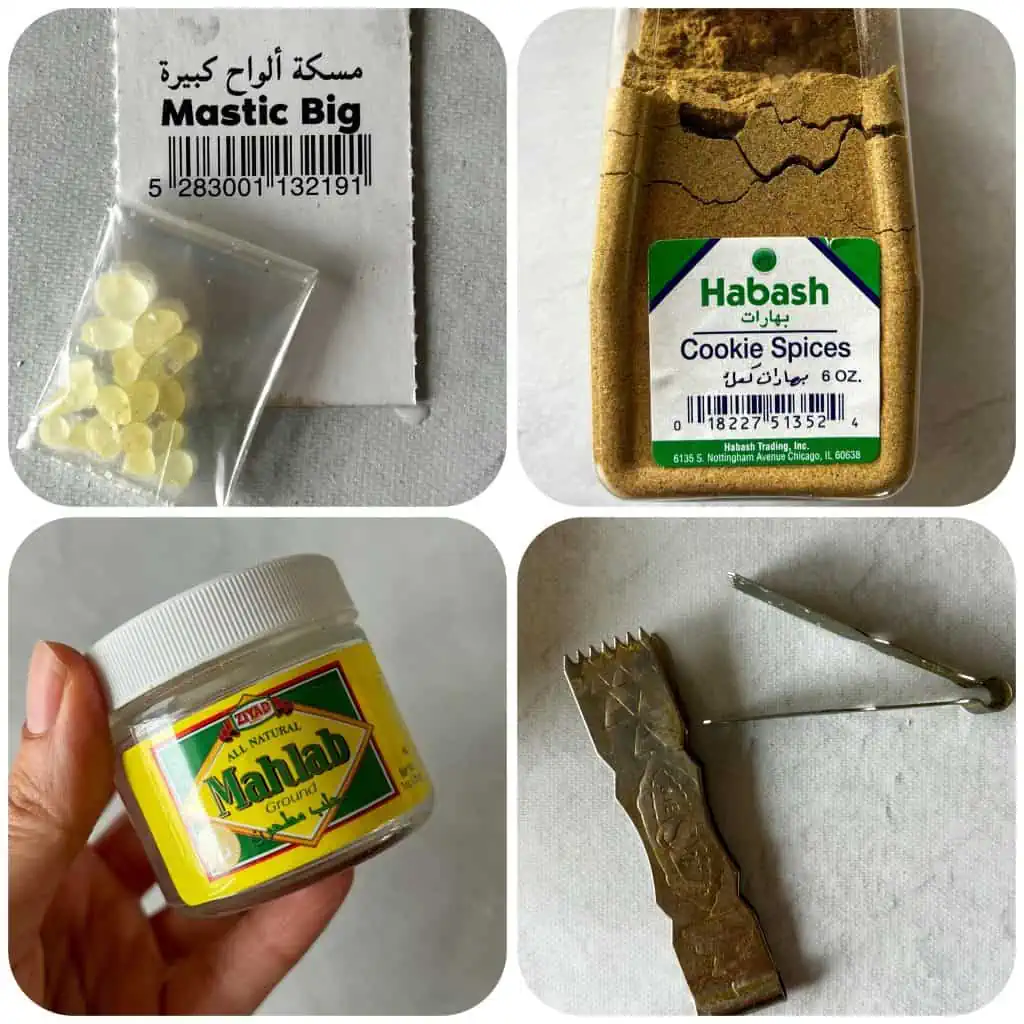 a collage of maamoul essentials like mastic, cookie powder, mahlab, and decorative tongs.