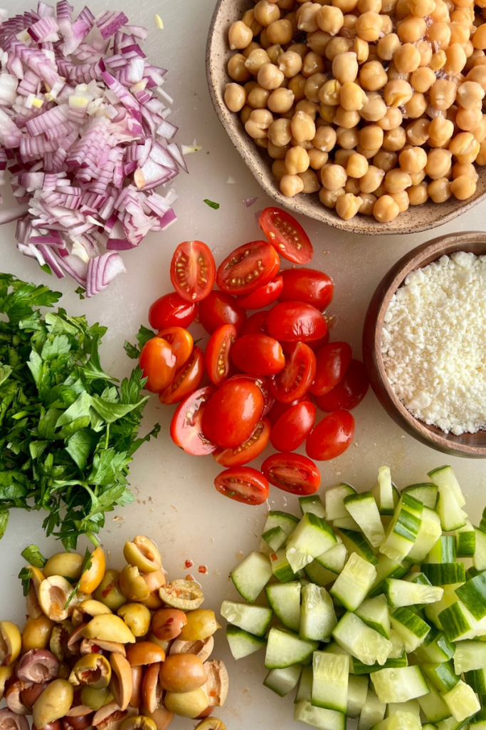mis en place for the Mediterranean chickpea salad