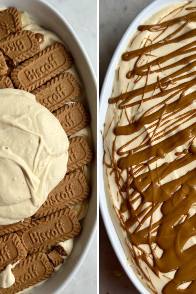 Second layer of Biscoff cream spread over cookies in baking dish