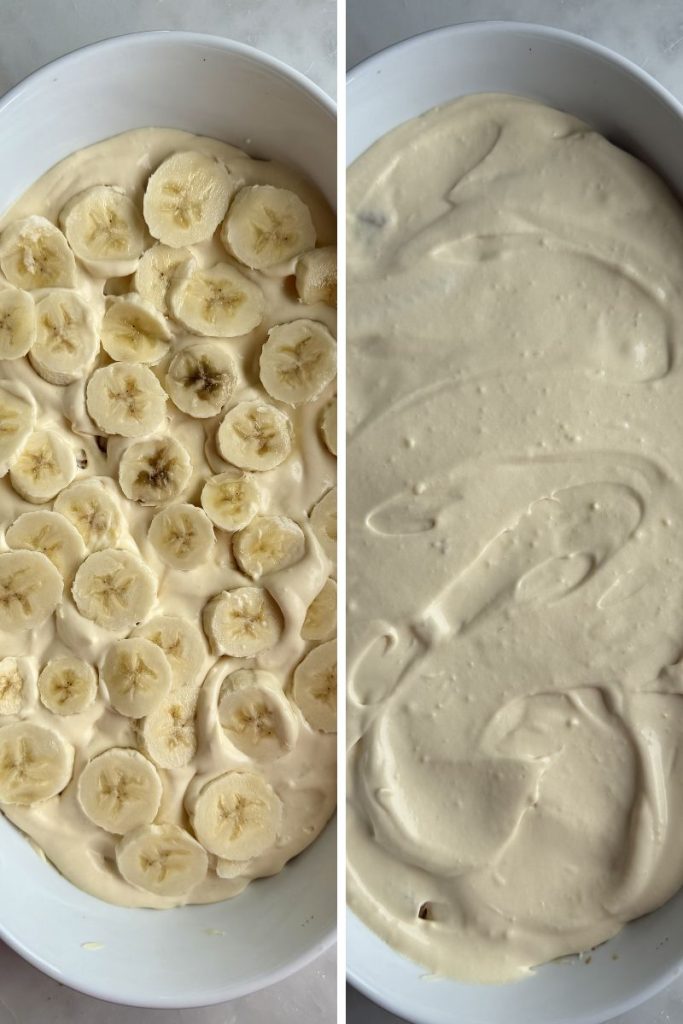 Sliced bananas layered in baking dish for Biscoff banana pudding
